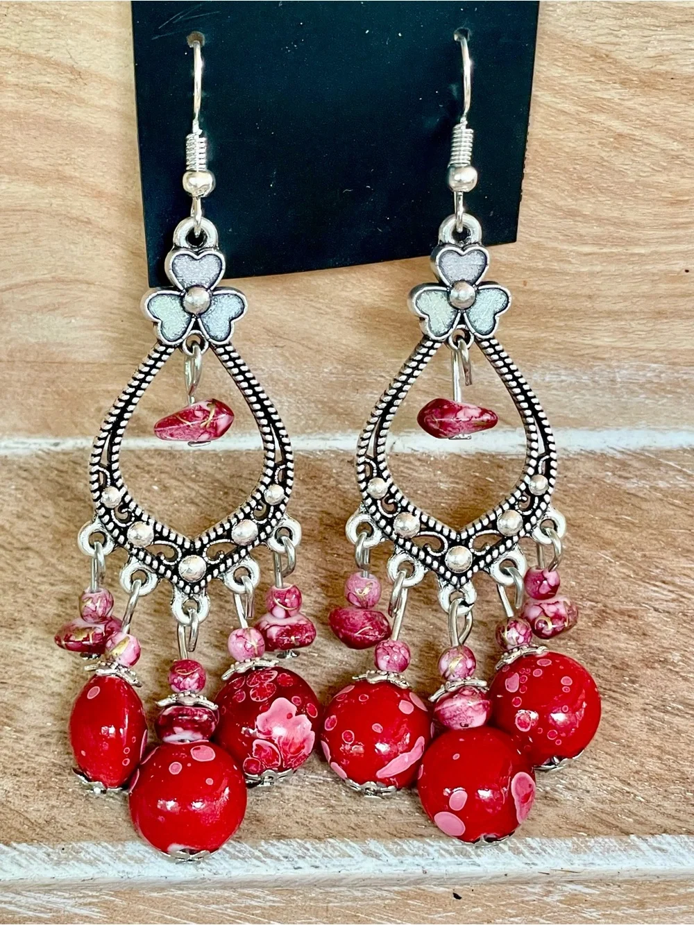 Red Boho Glass Bead Dangle Earrings with Silver Filigree